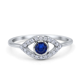 Halo Eye Evil Ring Round Simulated Pave Blue Sapphire Cubic Zirconia 925 Sterling Silver